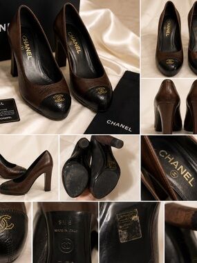 CHANEL Brown Leather Pumps with Black Cap Toe and Gold CC